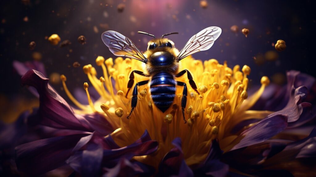 Spiritual Symbolism of a Bumblebee: A yellow and black bumblebee perched on a purple flower.