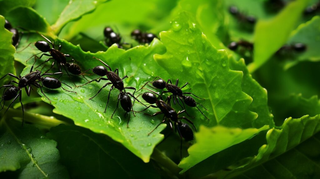 black ants carrying leaves